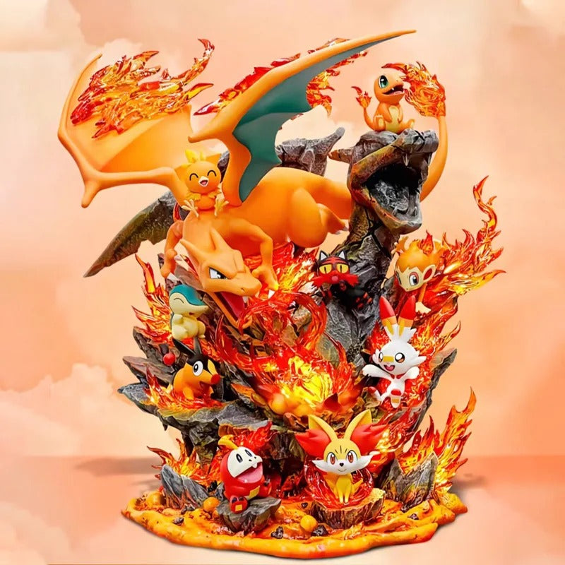 Figurine Pokémon Famille Dracaufeu – 15 cm – Statue GK Lumineuse PVC Collector